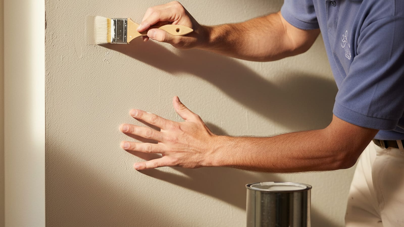 Homeowner's hands dabbing a small touch-up brush on a scuffed interior wall