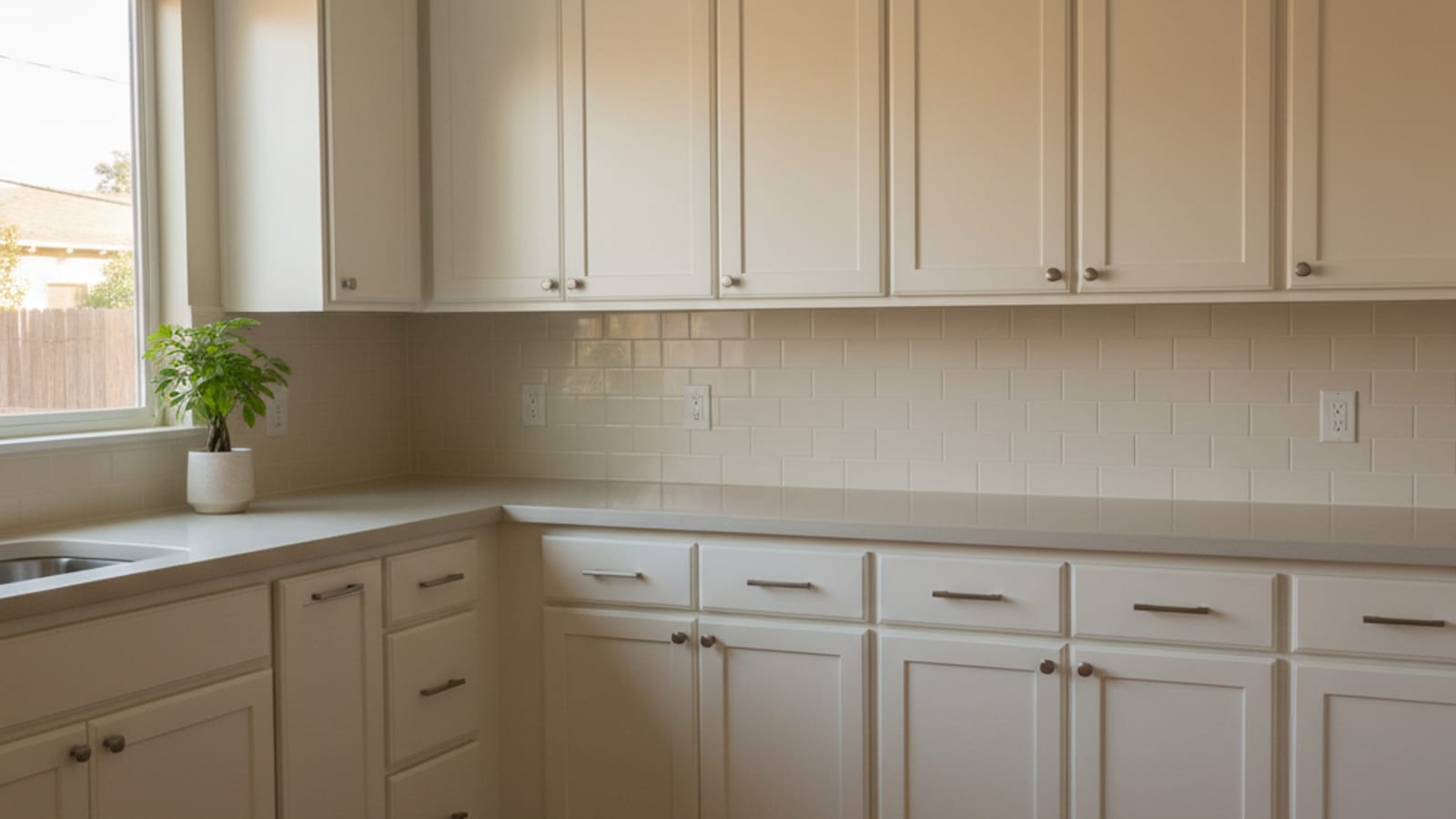 Kitchen with freshly sprayed white cabinets and new brushed-nickel hardware