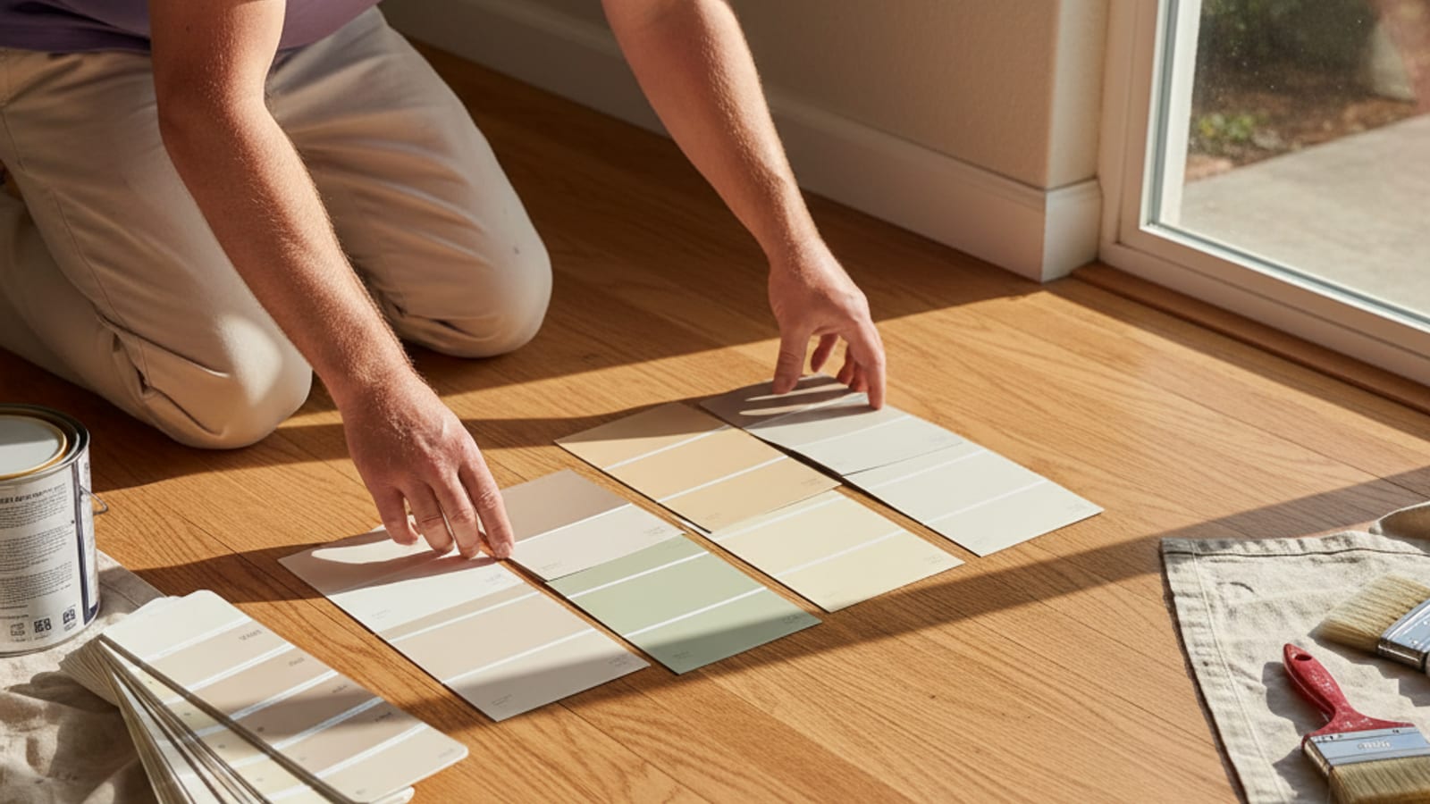 Paint samples of warm whites and greiges spread on a living-room floor under natural light