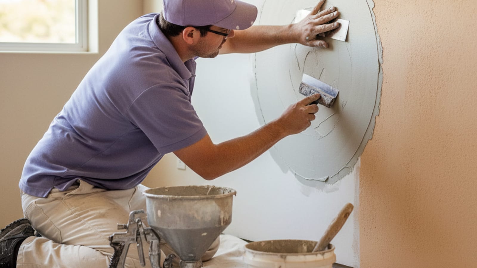 Drywall patch being skim-coated and textured to match surrounding orange peel