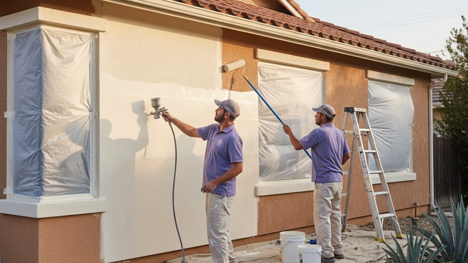 Two painters spraying a stucco wall with exterior acrylic paint on a sunny San Diego morning