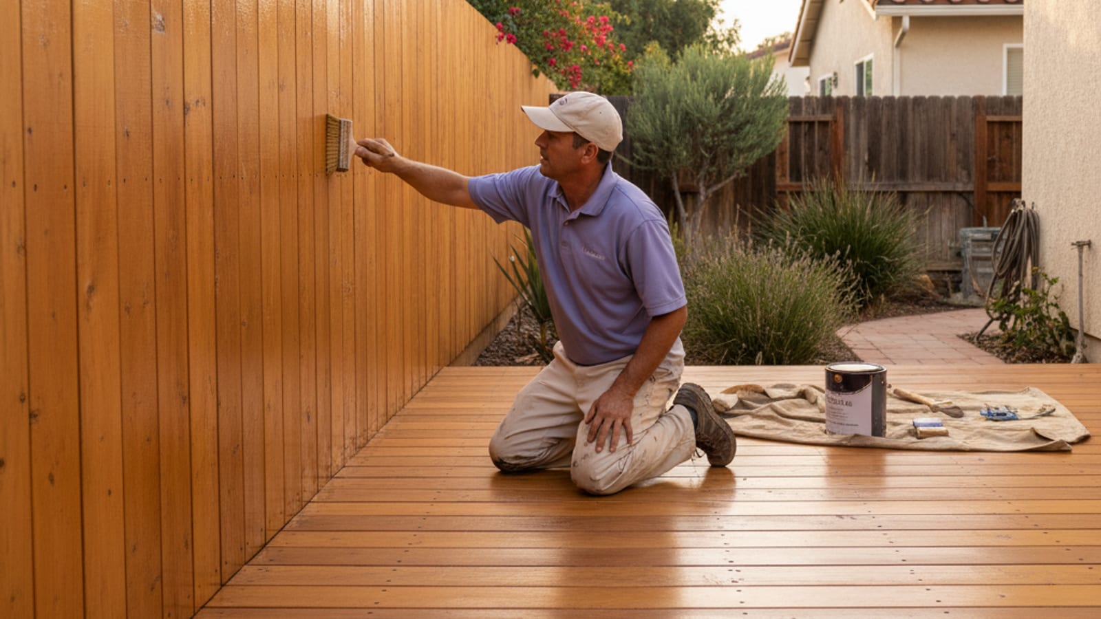 Freshly stained cedar deck and fence with rich warm tone in a San Diego backyard
