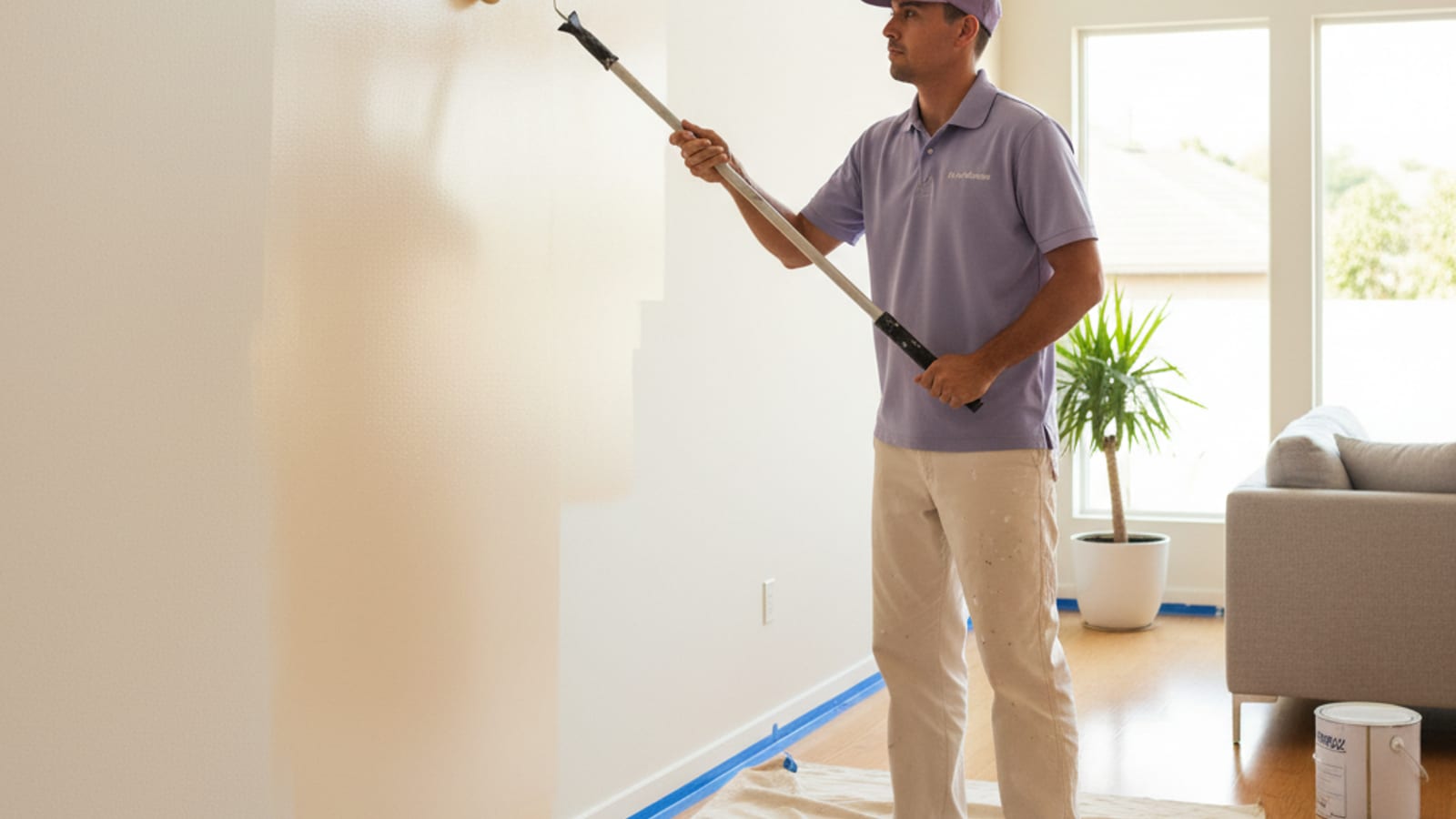 Painter rolling a smooth second coat of warm off-white on a living-room wall