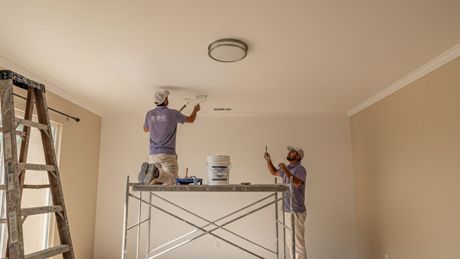 Smooth white ceiling after popcorn texture removal and skim coat
