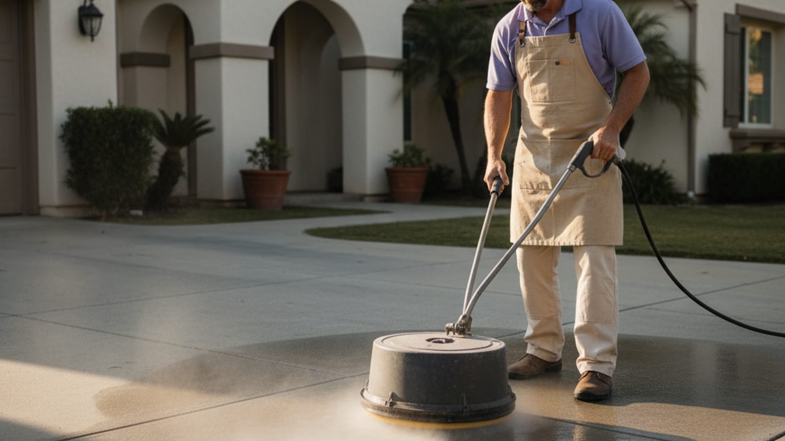 Pressure washer blasting concrete driveway with visible clean line next to untouched dirty area