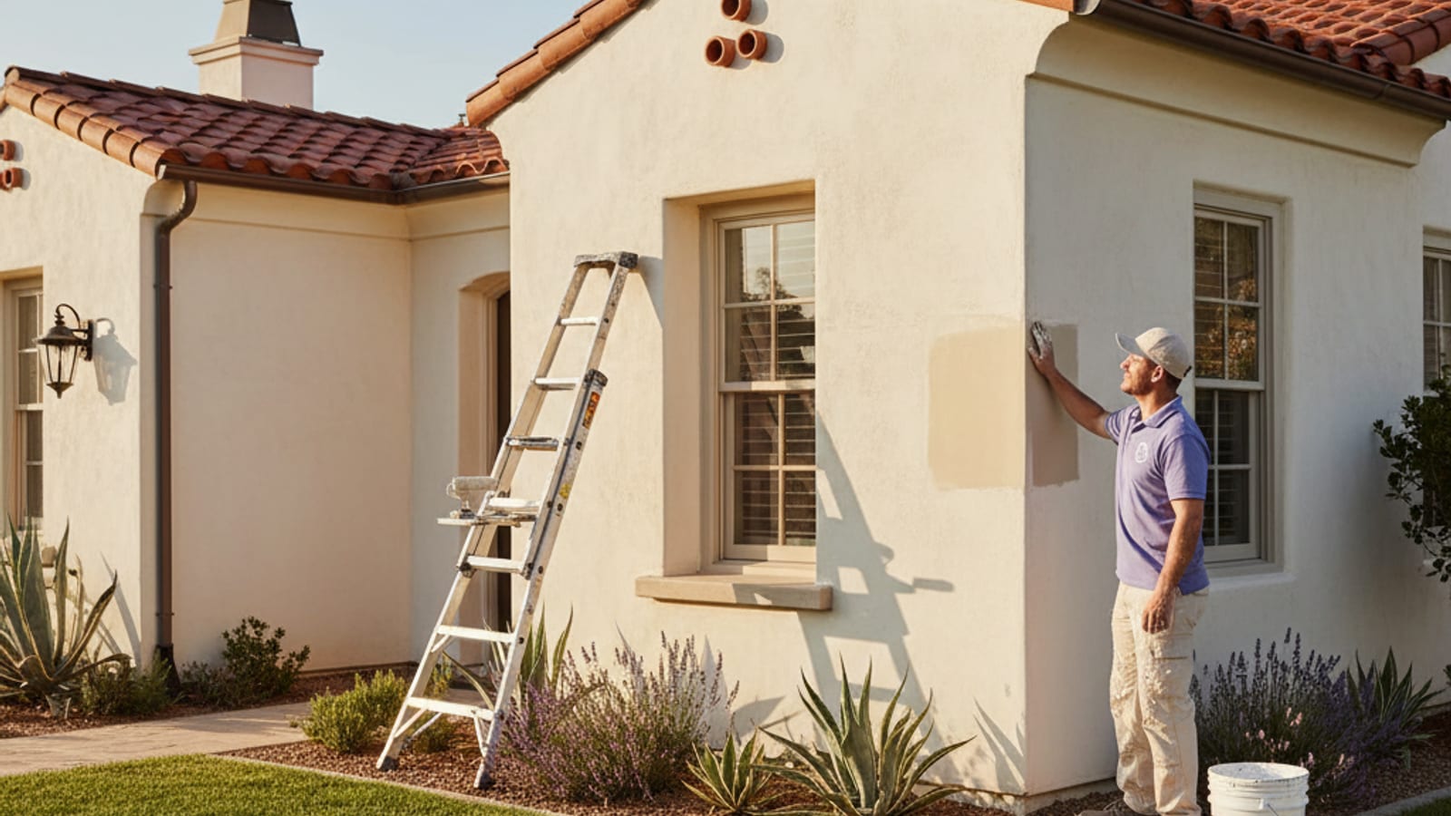 Freshly painted warm-white stucco wall on a San Diego coastal home