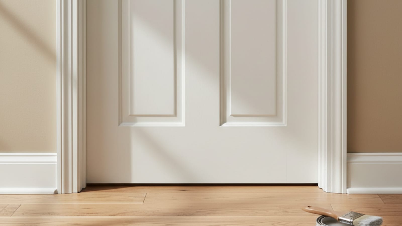 Freshly painted white-enamel trim and six-panel door with crisp caulk lines